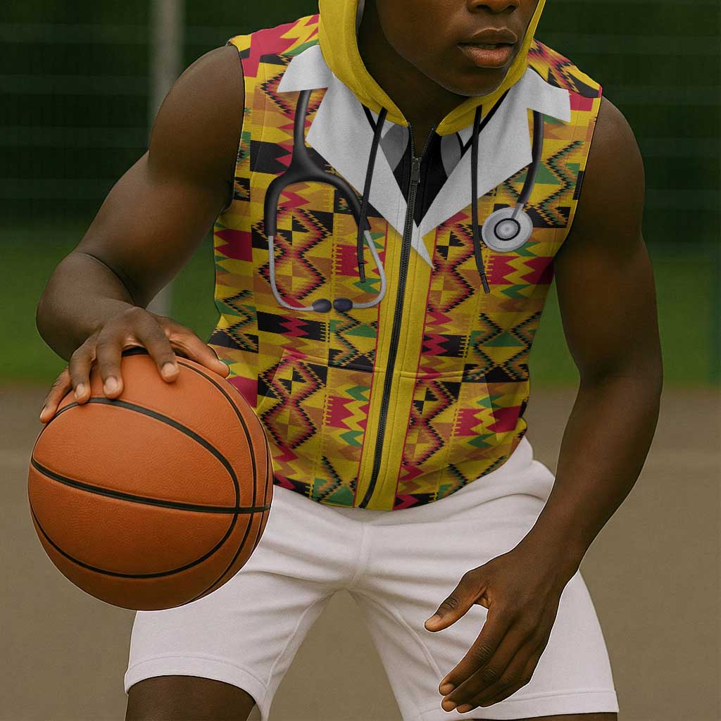Proud Black Nurse RN Sleeveless Zip Hoodie African Stethoscope Kente Pattern