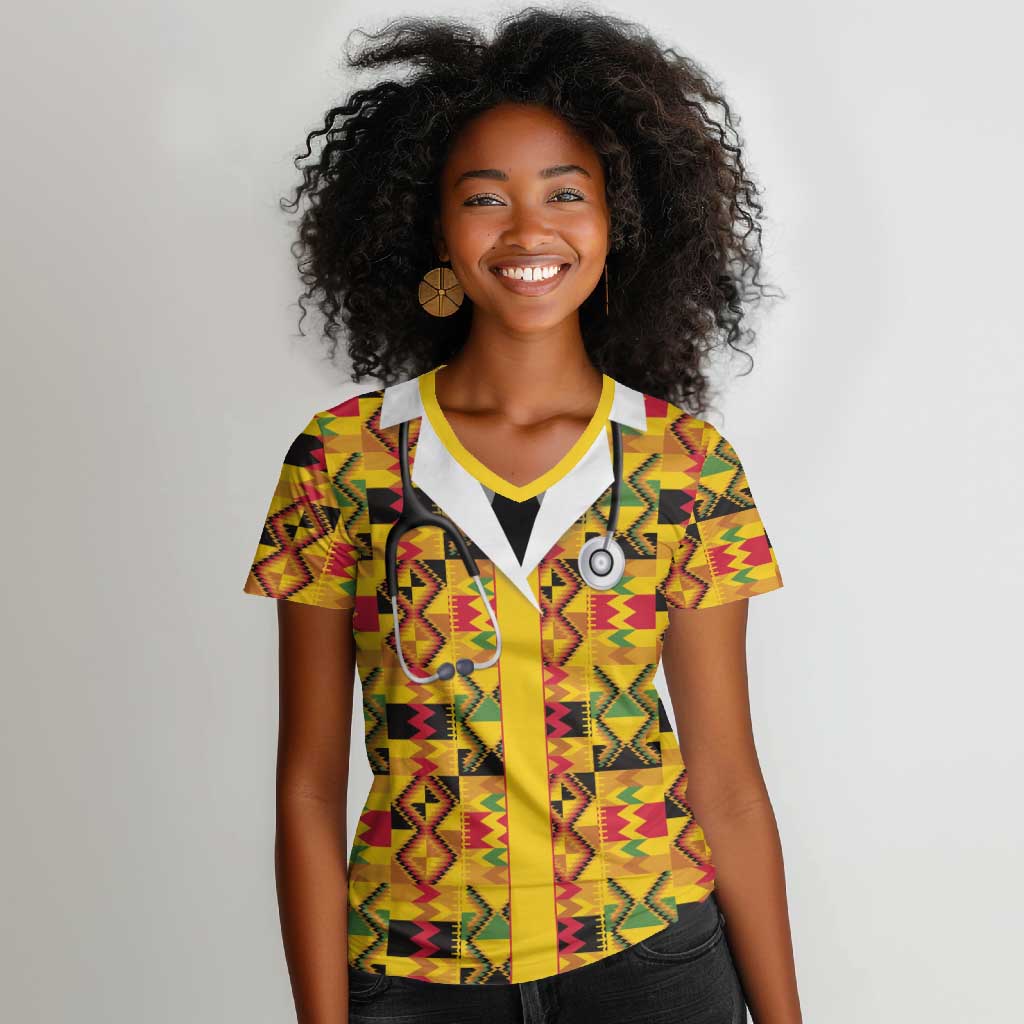Proud Black Nurse RN Women V-Neck T-Shirt African Stethoscope Kente Pattern