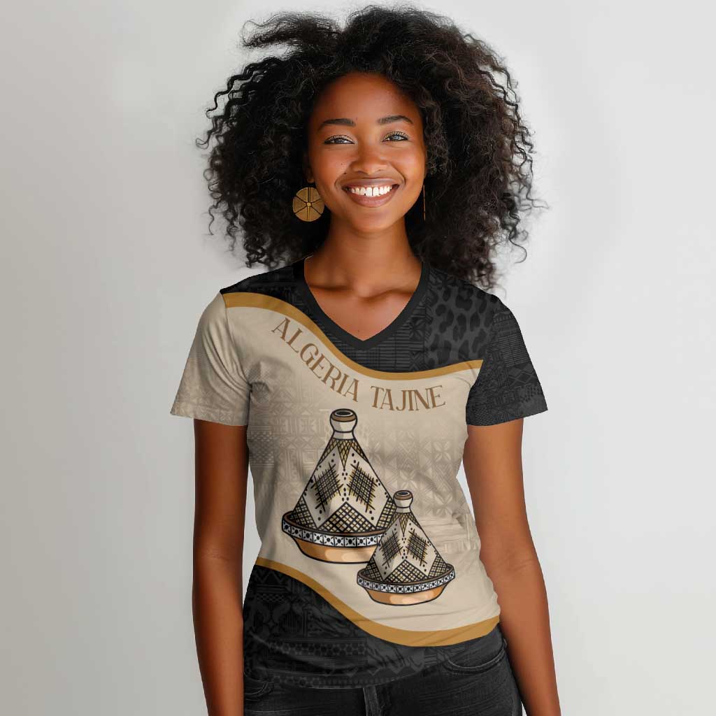 Algeria Tajine Dish Personalized Women V-Neck T-Shirt with African Tribal Pattern