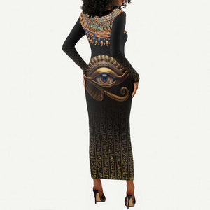 Egypt Eyes Of Horus Long Sleeve Bodycon Dress with Egyptian Hieroglyphs