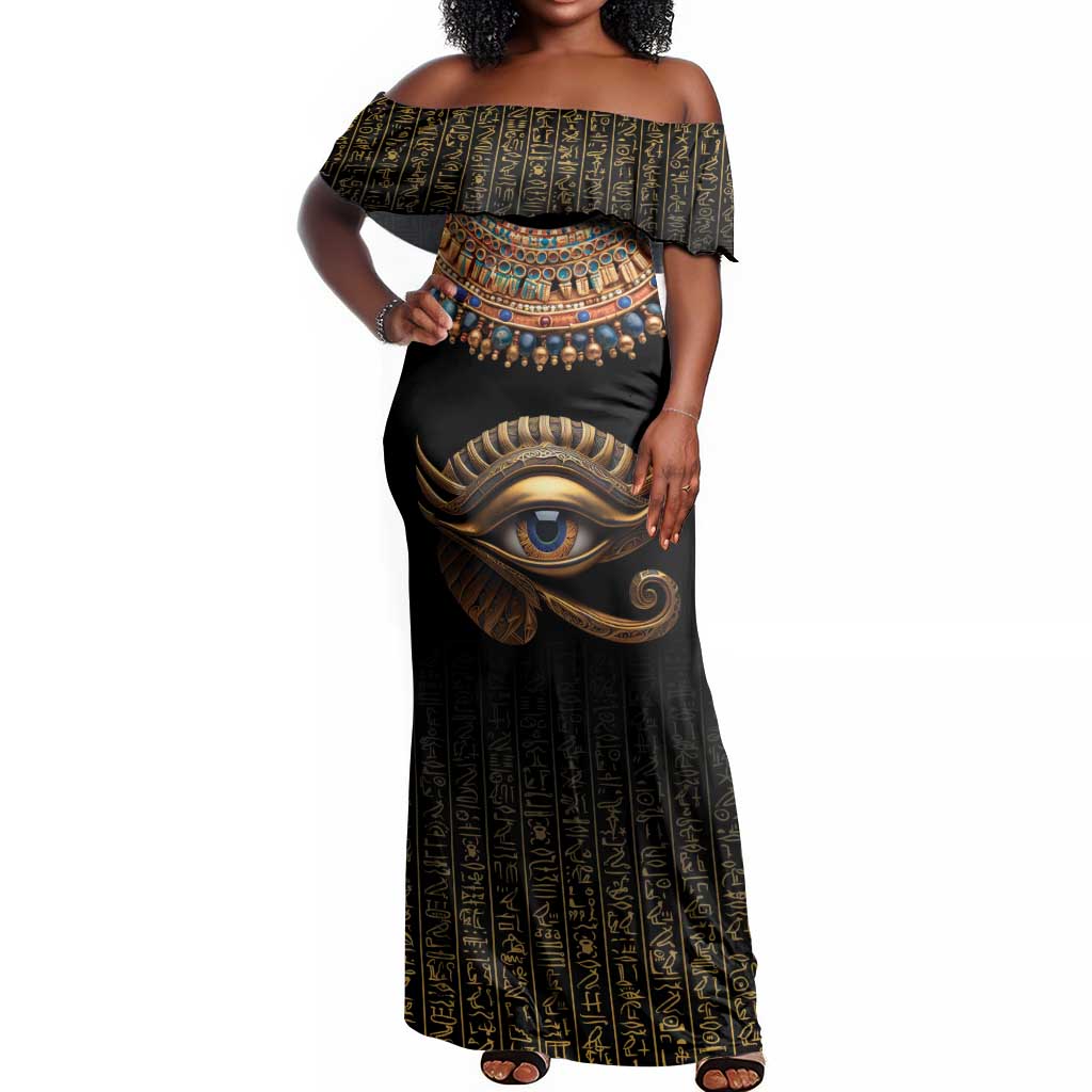 Egypt Eyes Of Horus Off Shoulder Maxi Dress with Egyptian Hieroglyphs