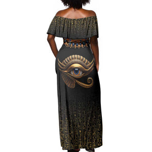 Egypt Eyes Of Horus Off Shoulder Maxi Dress with Egyptian Hieroglyphs