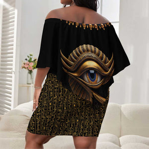 Egypt Eyes Of Horus Off Shoulder Short Dress with Egyptian Hieroglyphs