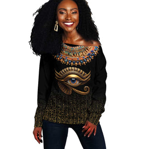 Egypt Eyes Of Horus Off Shoulder Sweater with Egyptian Hieroglyphs