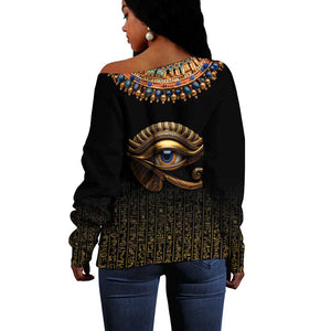 Egypt Eyes Of Horus Off Shoulder Sweater with Egyptian Hieroglyphs