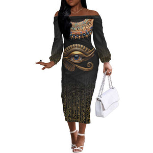 Egypt Eyes Of Horus Off The Shoulder Long Sleeve Dress with Egyptian Hieroglyphs