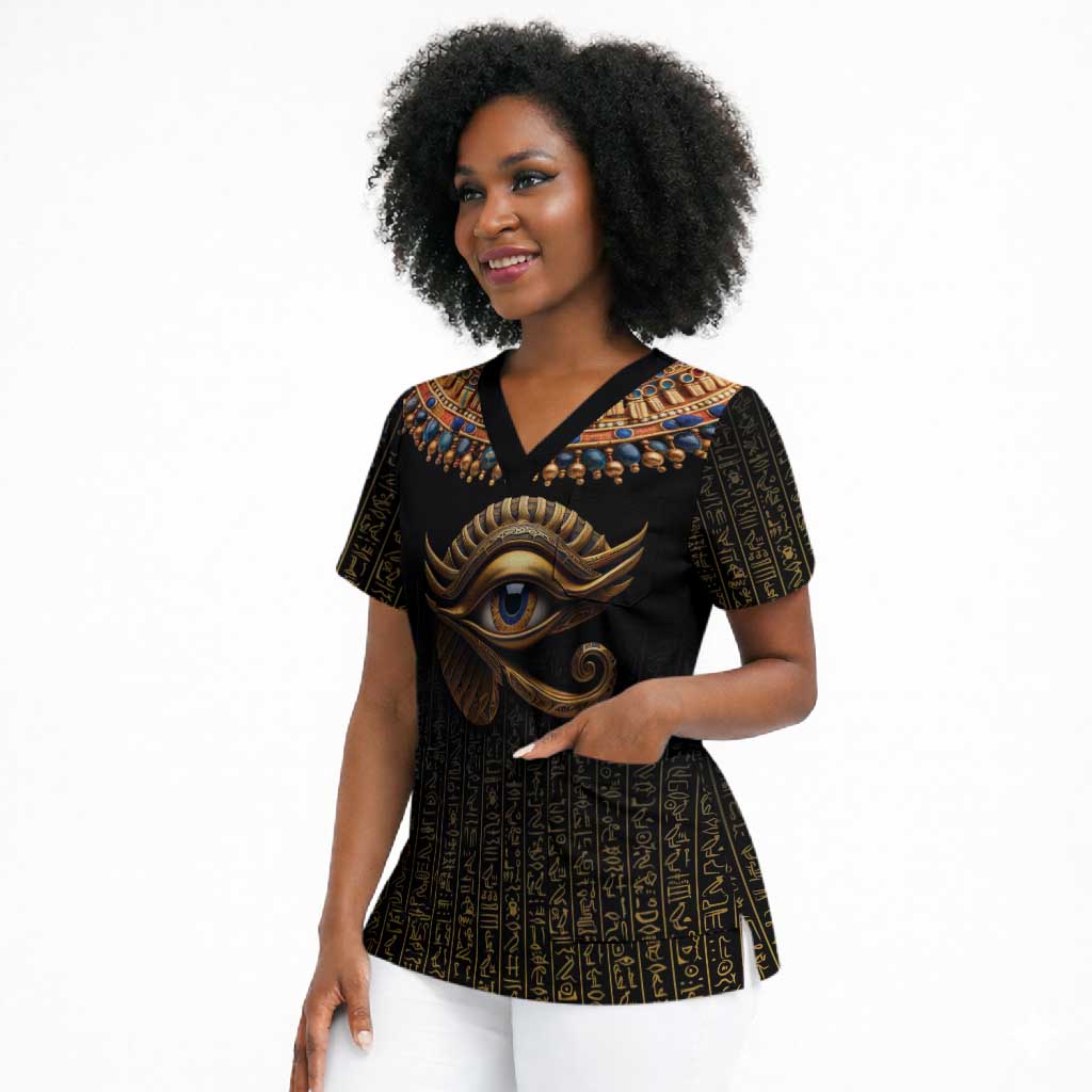 Egypt Eyes Of Horus Scrub Top with Egyptian Hieroglyphs