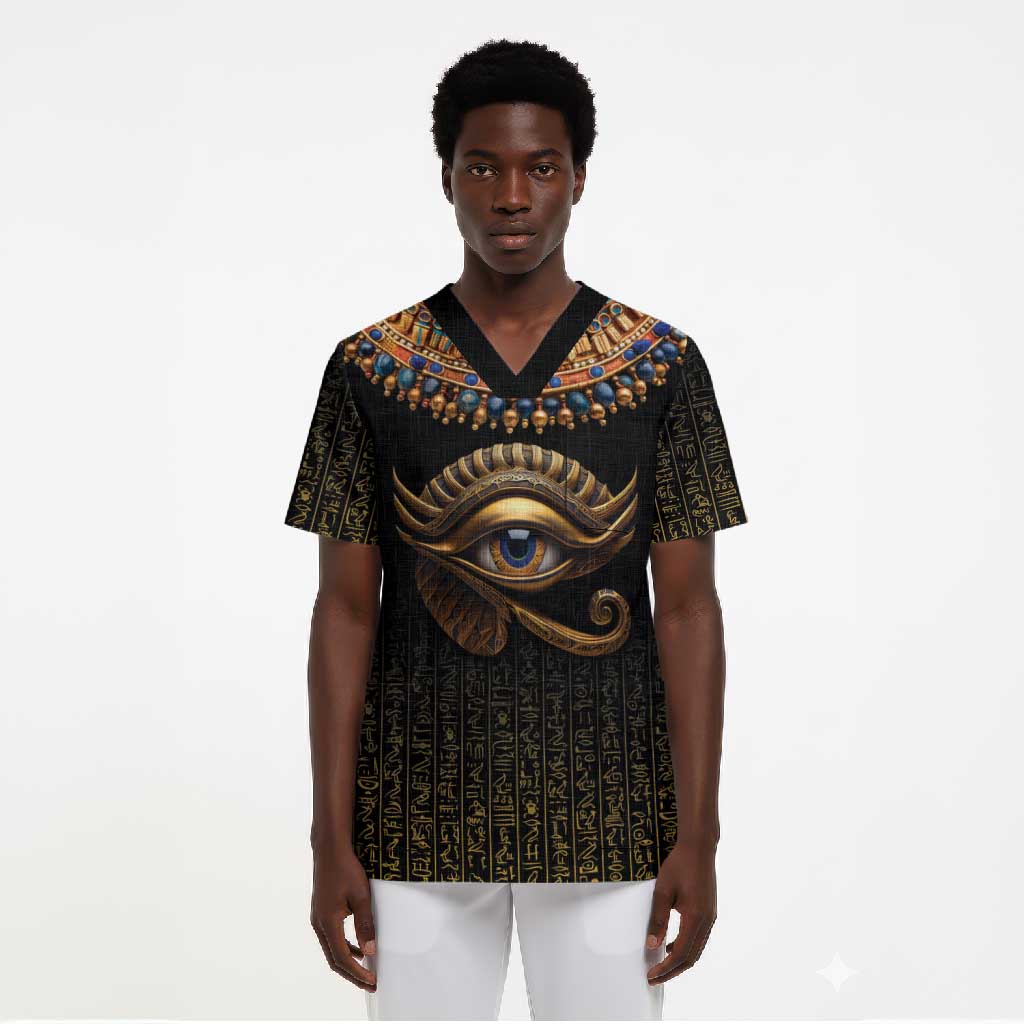 Egypt Eyes Of Horus Scrub Top with Egyptian Hieroglyphs