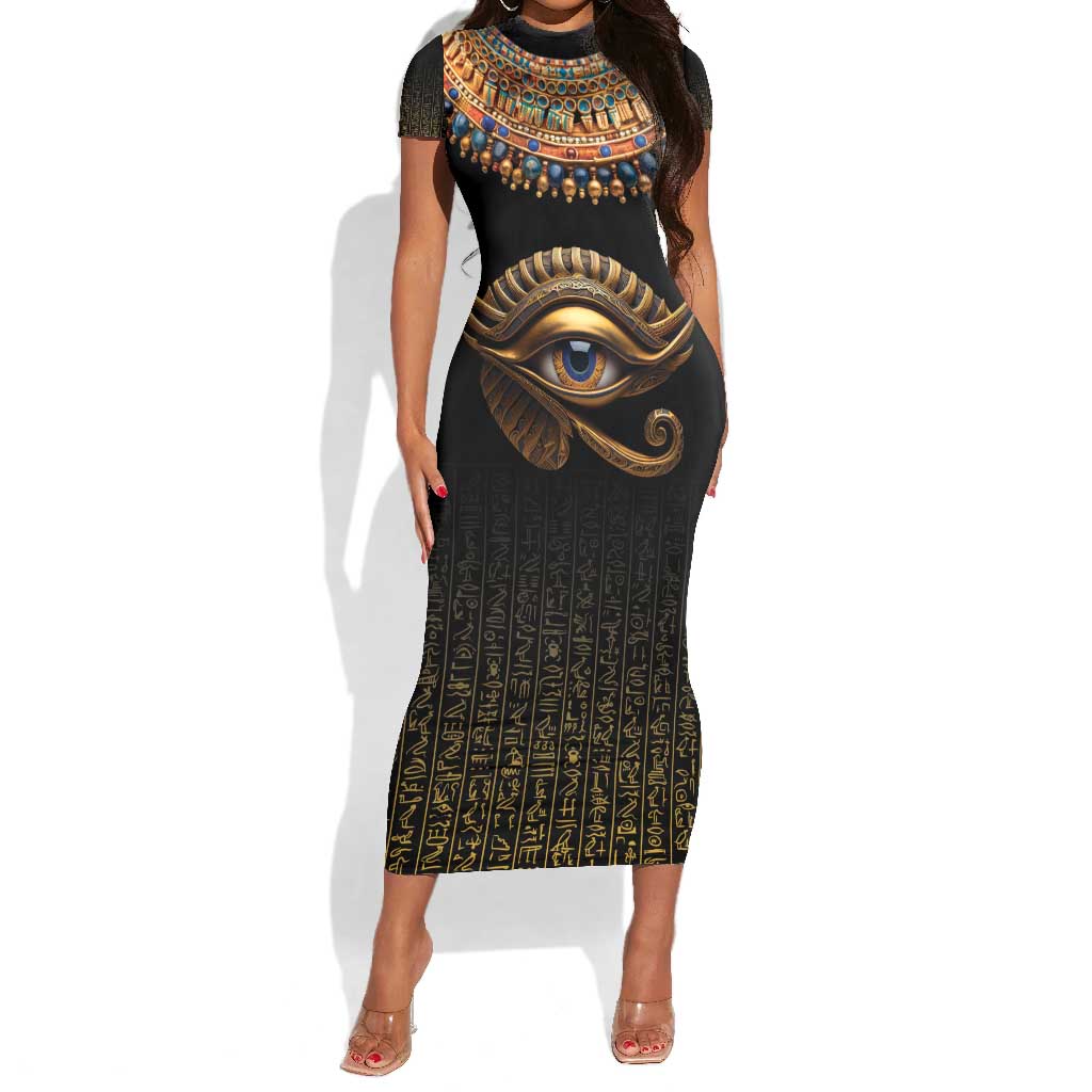 Egypt Eyes Of Horus Short Sleeve Bodycon Dress with Egyptian Hieroglyphs