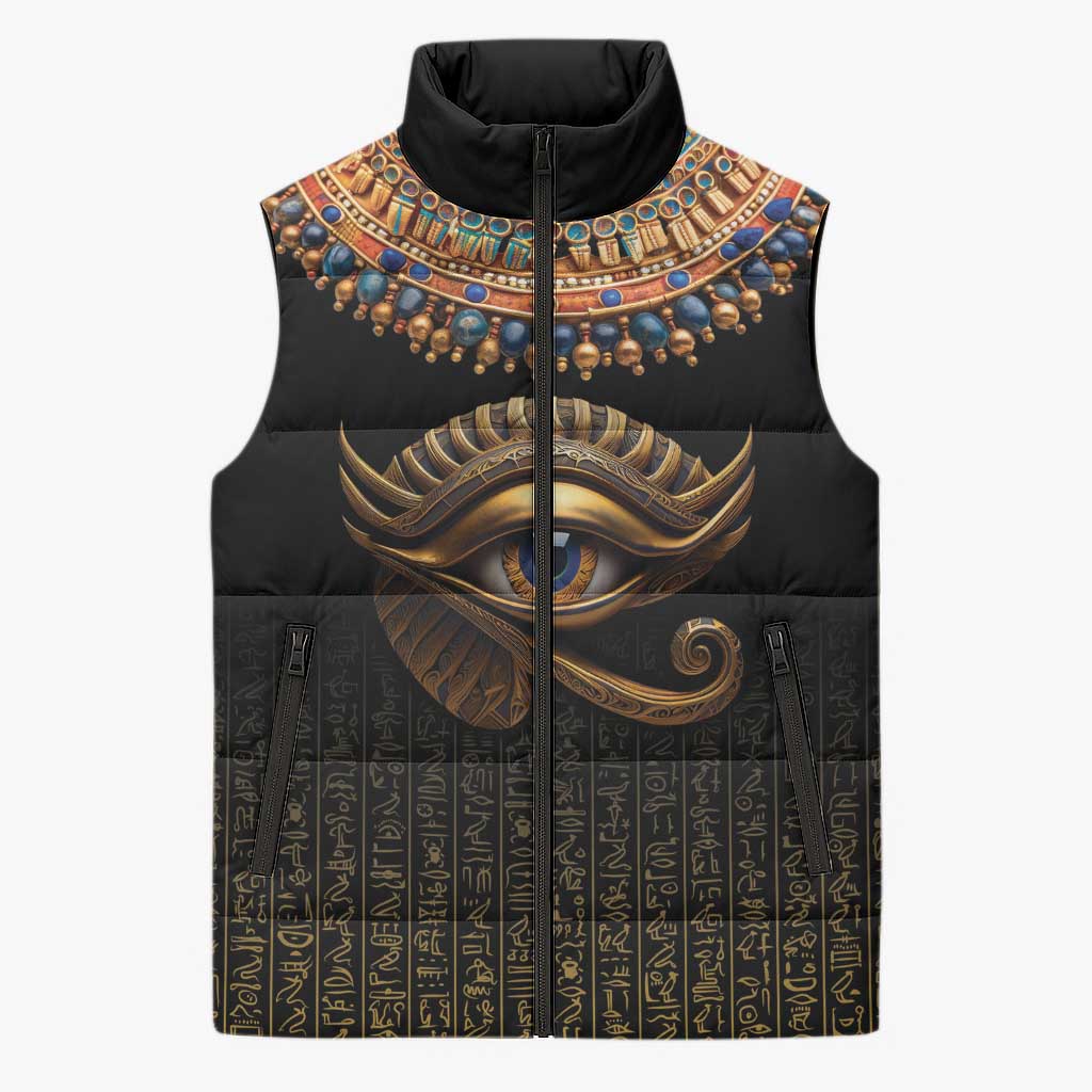Egypt Eyes Of Horus Sleeveless Puffer Jacket with Egyptian Hieroglyphs