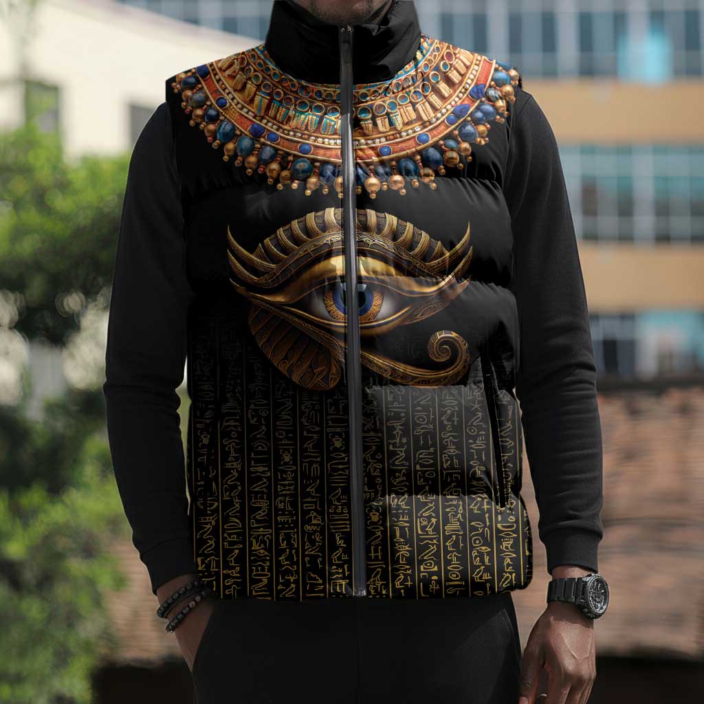 Egypt Eyes Of Horus Sleeveless Puffer Jacket with Egyptian Hieroglyphs