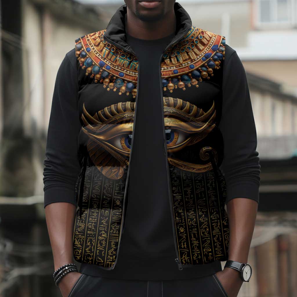 Egypt Eyes Of Horus Sleeveless Puffer Jacket with Egyptian Hieroglyphs