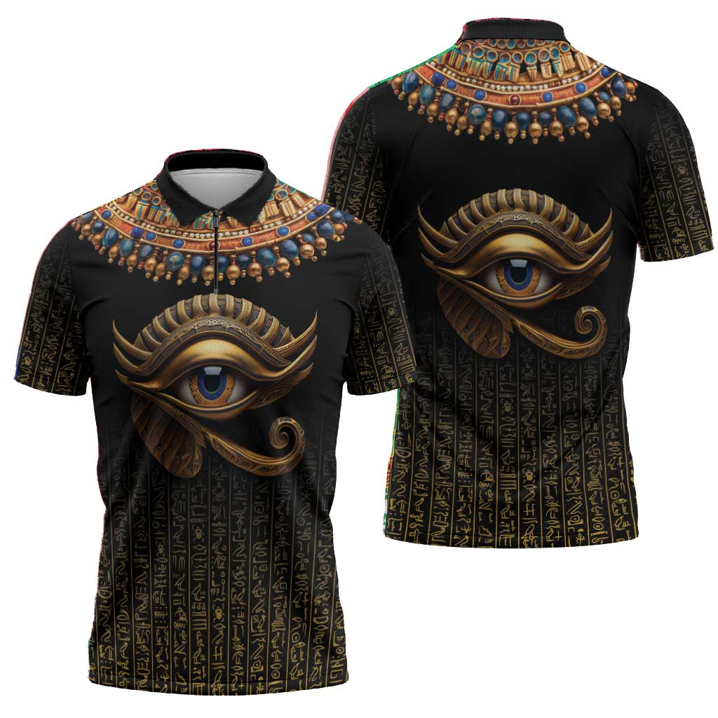 Egypt Eyes Of Horus Zipper Polo Shirt with Egyptian Hieroglyphs