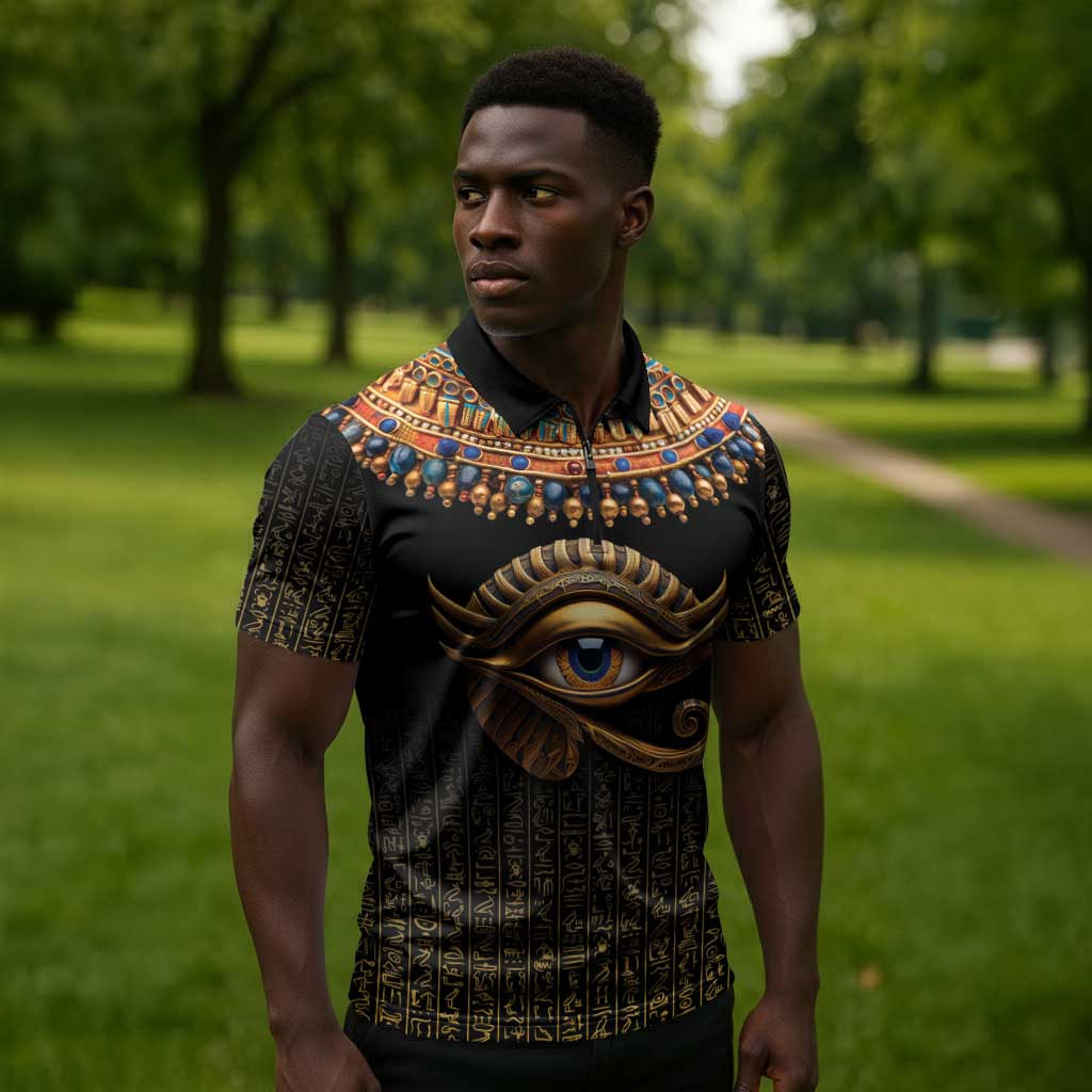 Egypt Eyes Of Horus Zipper Polo Shirt with Egyptian Hieroglyphs
