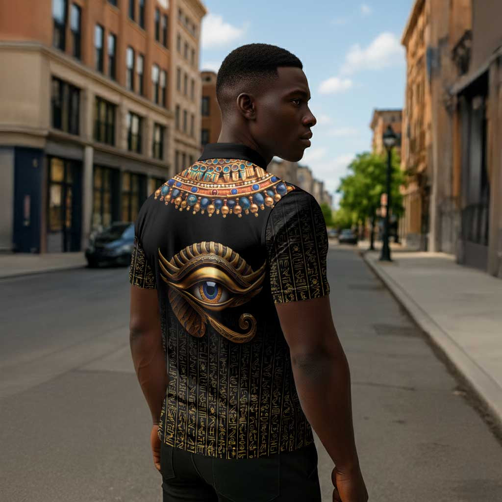 Egypt Eyes Of Horus Zipper Polo Shirt with Egyptian Hieroglyphs