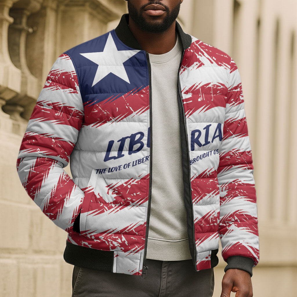 Personalized Liberia Lone Star Flag Bomber Puffer Jacket