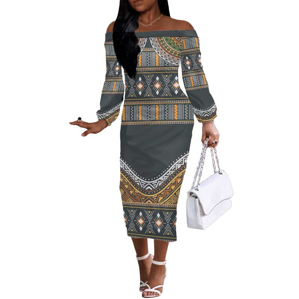 Afro Ethnic Native Pattern Off The Shoulder Long Sleeve Dress