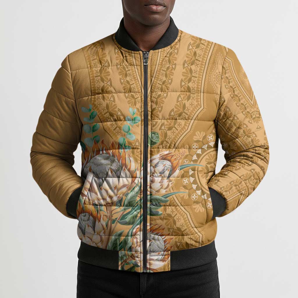 Africa King Proteas Dashiki Motif Bomber Puffer Jacket Gold Style