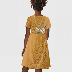 Afro King Proteas Dashiki Motif Kid Short Sleeve Dress Gold Style