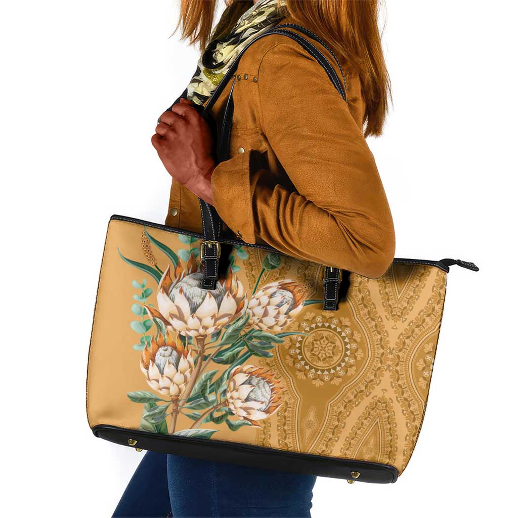 Afro King Proteas Dashiki Motif Leather Tote Bag Gold Style