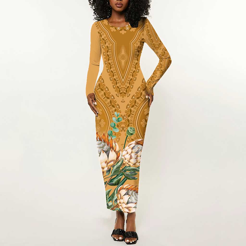 Afro King Proteas Dashiki Motif Long Sleeve Bodycon Dress Gold Style