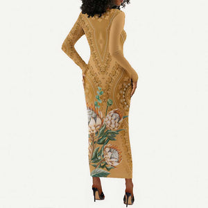 Afro King Proteas Dashiki Motif Long Sleeve Bodycon Dress Gold Style