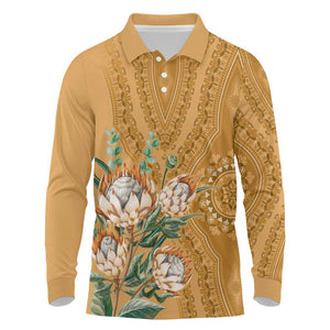 Afro King Proteas Dashiki Motif Long Sleeve Polo Shirt Gold Style