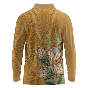 Afro King Proteas Dashiki Motif Long Sleeve Polo Shirt Gold Style