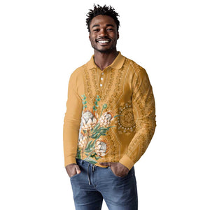 Afro King Proteas Dashiki Motif Long Sleeve Polo Shirt Gold Style