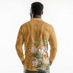 Afro King Proteas Dashiki Motif Long Sleeve Polo Shirt Gold Style