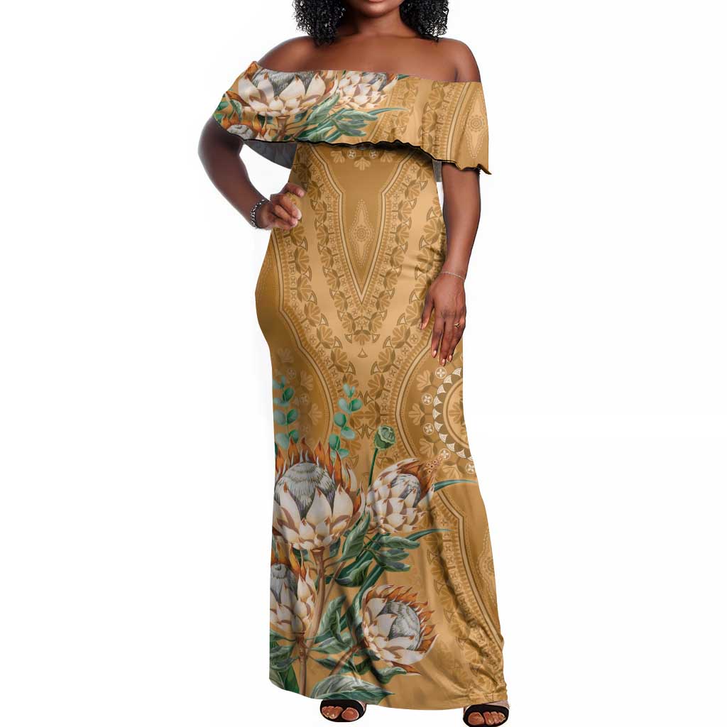 Afro King Proteas Dashiki Motif Off Shoulder Maxi Dress Gold Style