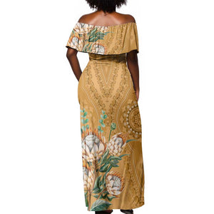 Afro King Proteas Dashiki Motif Off Shoulder Maxi Dress Gold Style