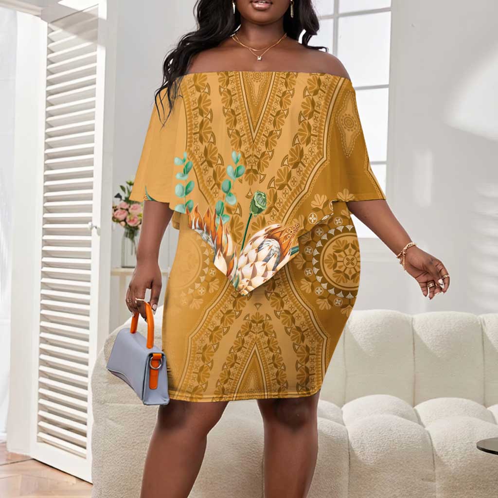 Afro King Proteas Dashiki Motif Off Shoulder Short Dress Gold Style