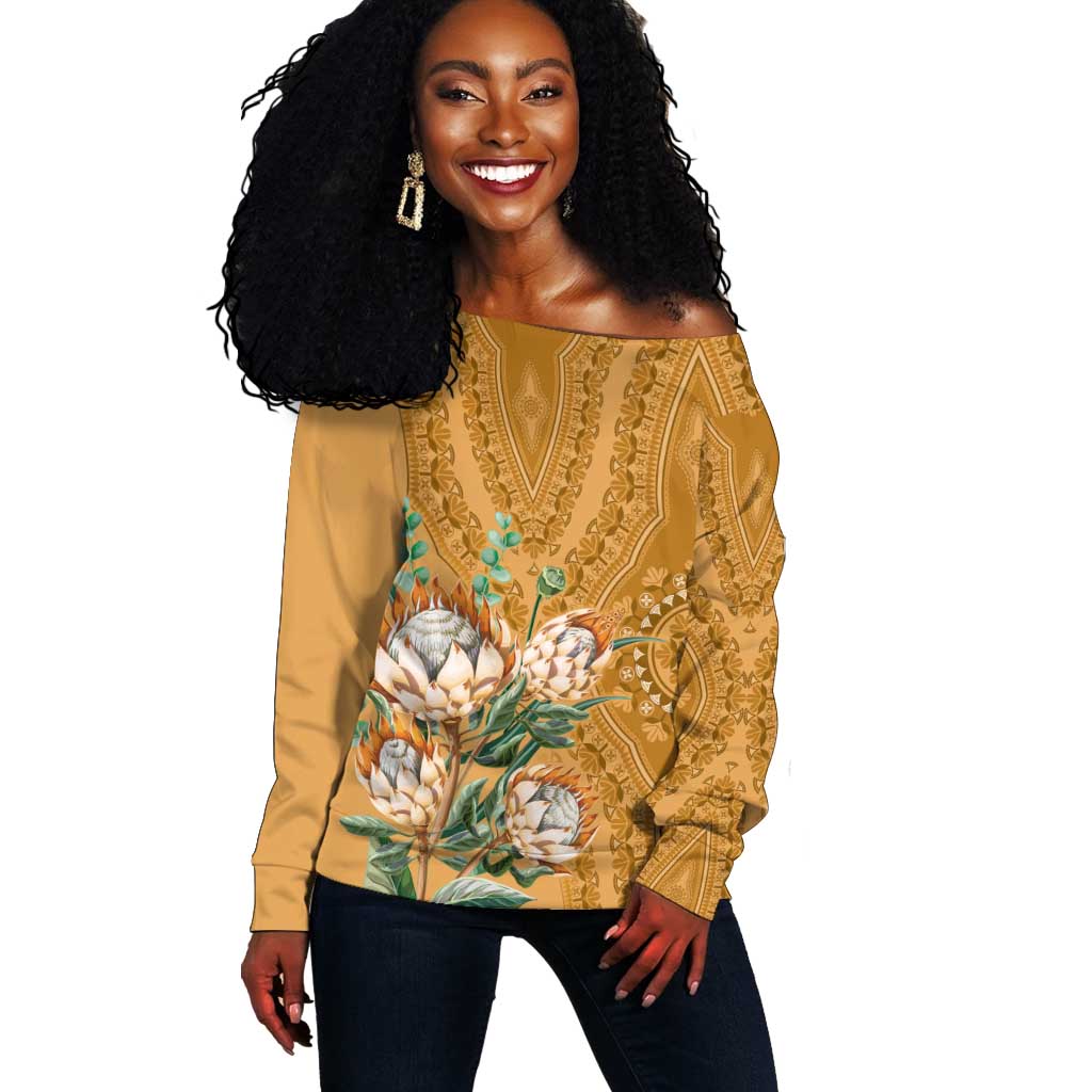 Afro King Proteas Dashiki Motif Off Shoulder Sweater Gold Style