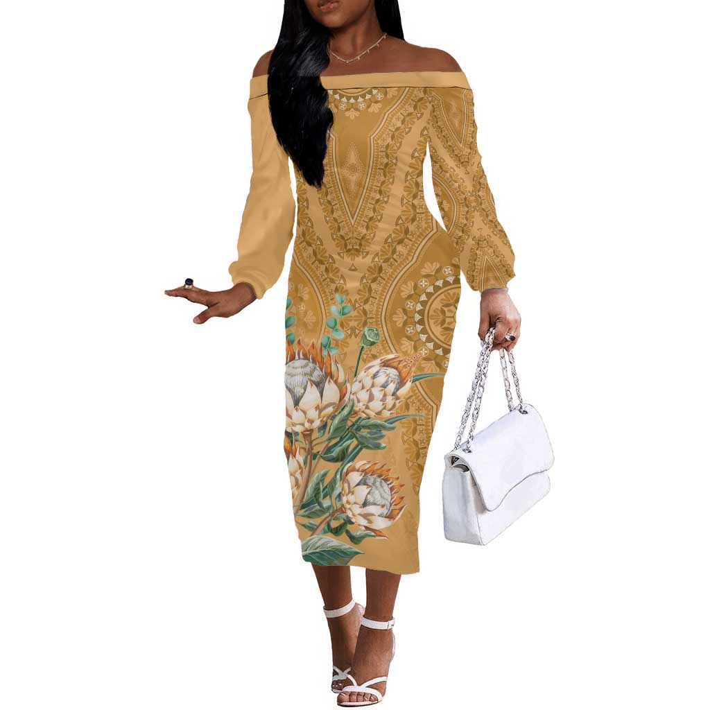 Afro King Proteas Dashiki Motif Off The Shoulder Long Sleeve Dress Gold Style