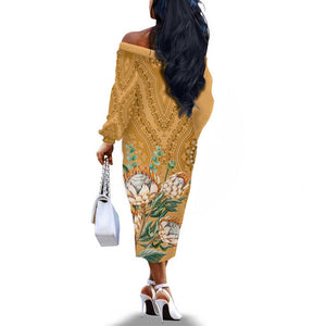 Afro King Proteas Dashiki Motif Off The Shoulder Long Sleeve Dress Gold Style