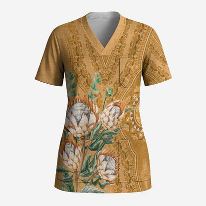 Africa King Proteas Dashiki Motif Scrub Top Gold Style