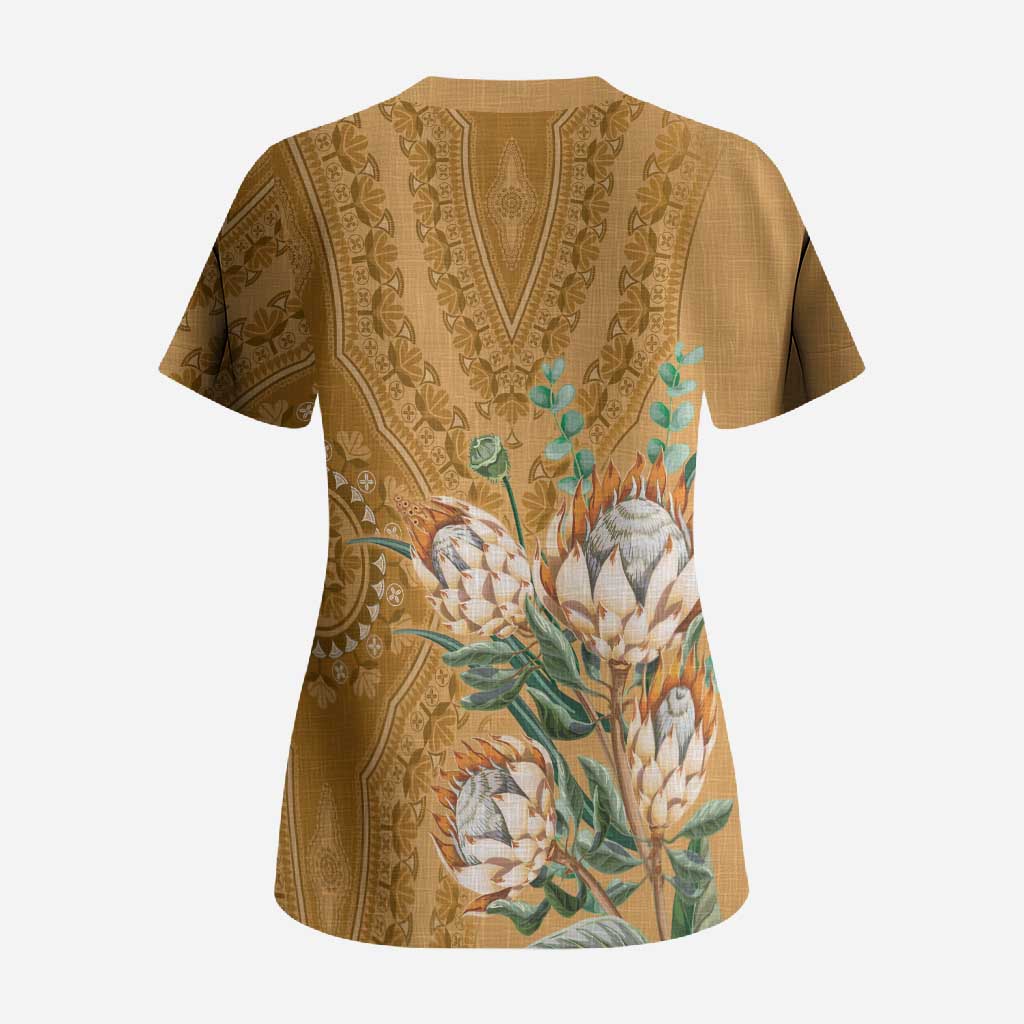 Africa King Proteas Dashiki Motif Scrub Top Gold Style