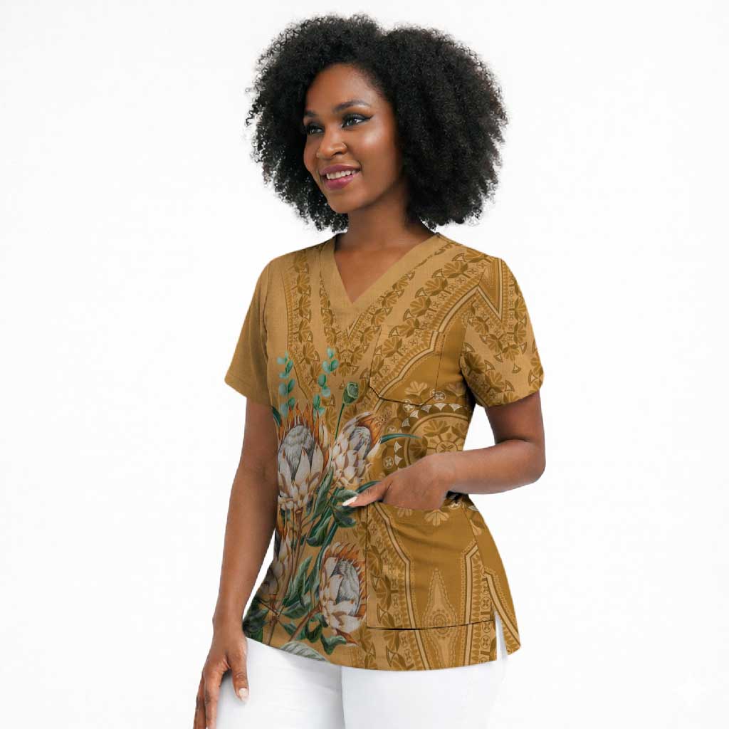 Africa King Proteas Dashiki Motif Scrub Top Gold Style