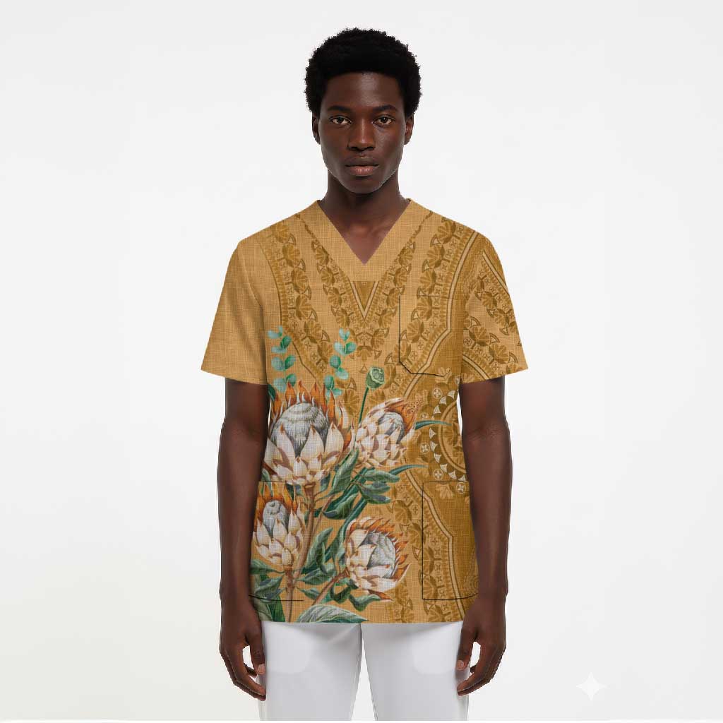 Africa King Proteas Dashiki Motif Scrub Top Gold Style
