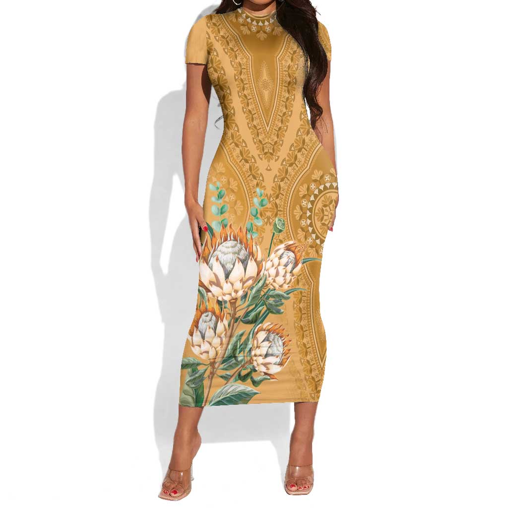 Afro King Proteas Dashiki Motif Short Sleeve Bodycon Dress Gold Style