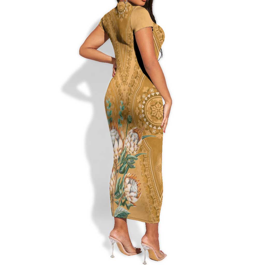 Afro King Proteas Dashiki Motif Short Sleeve Bodycon Dress Gold Style LT9