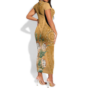 Afro King Proteas Dashiki Motif Short Sleeve Bodycon Dress Gold Style