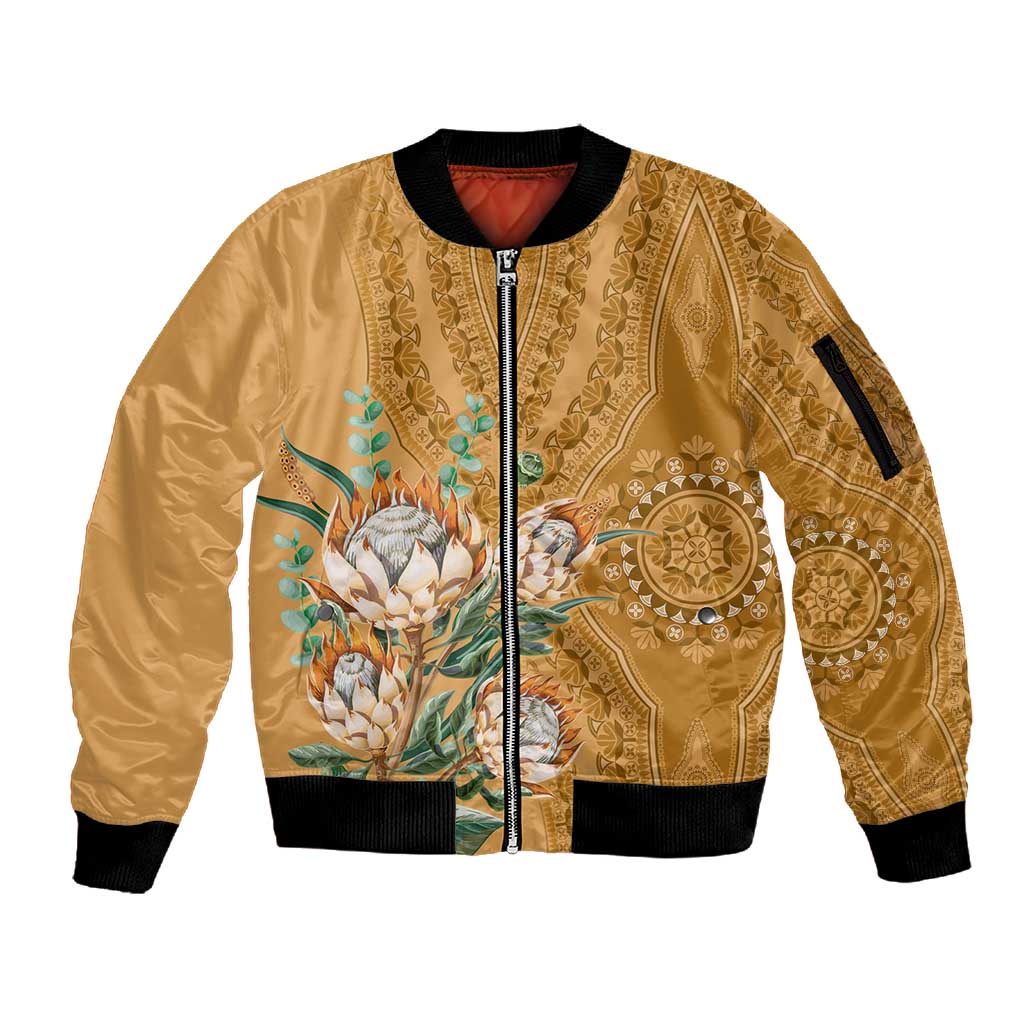 Afro King Proteas Dashiki Motif Sleeve Zip Bomber Jacket Gold Style