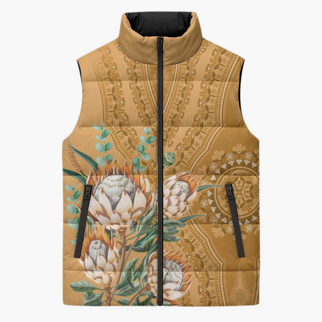 Africa King Proteas Dashiki Motif Sleeveless Puffer Jacket Gold Style