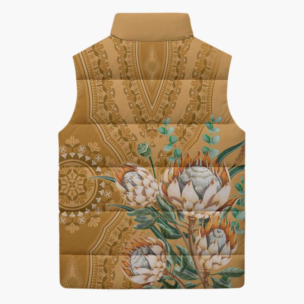 Africa King Proteas Dashiki Motif Sleeveless Puffer Jacket Gold Style