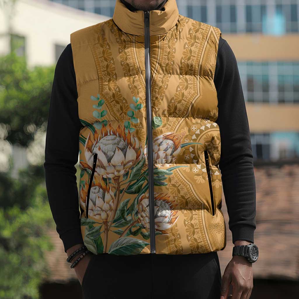 Africa King Proteas Dashiki Motif Sleeveless Puffer Jacket Gold Style