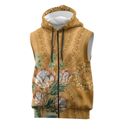 Afro King Proteas Dashiki Motif Sleeveless Zip Hoodie Gold Style - African Pride