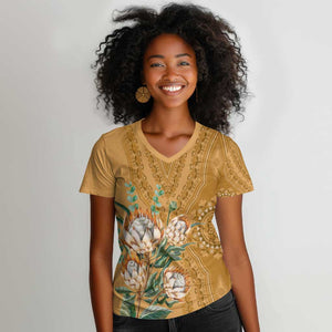 Afro King Proteas Dashiki Motif Women V-Neck T-Shirt Gold Style