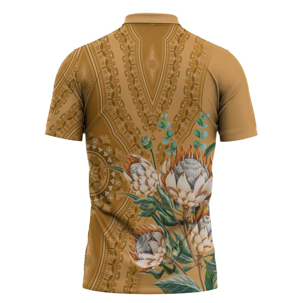 Africa King Proteas Dashiki Motif Zipper Polo Shirt Gold Style
